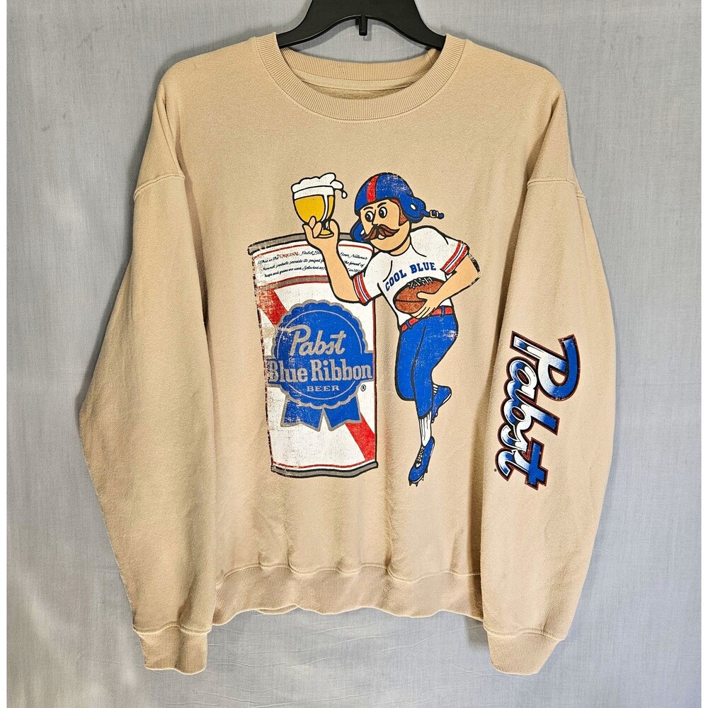 Pabst Blue Ribbon Sweatshirt Mens L Tan Cool Blue Football Crewneck Pullover PBR